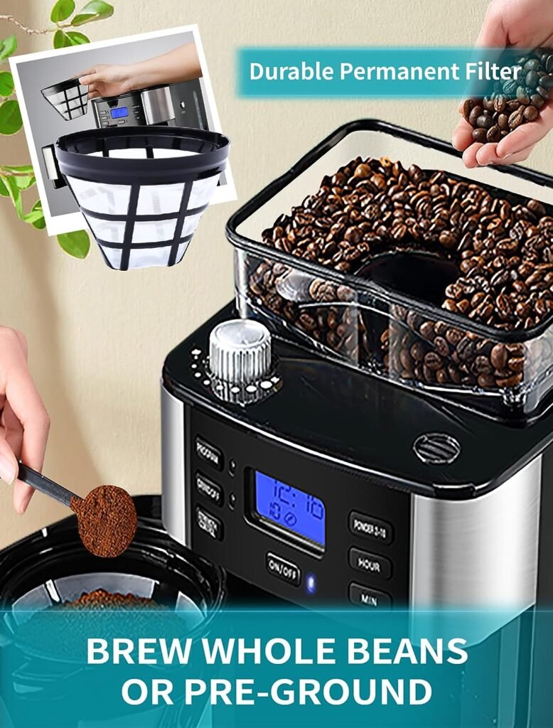 10-Cup Drip Coffee Maker, Grind and Brew Automatic Coffee Machine with Built-In Burr Coffee Grinder, Programmable Timer Mode and Keep Warm Plate, 1.5L Large Capacity Water Tank