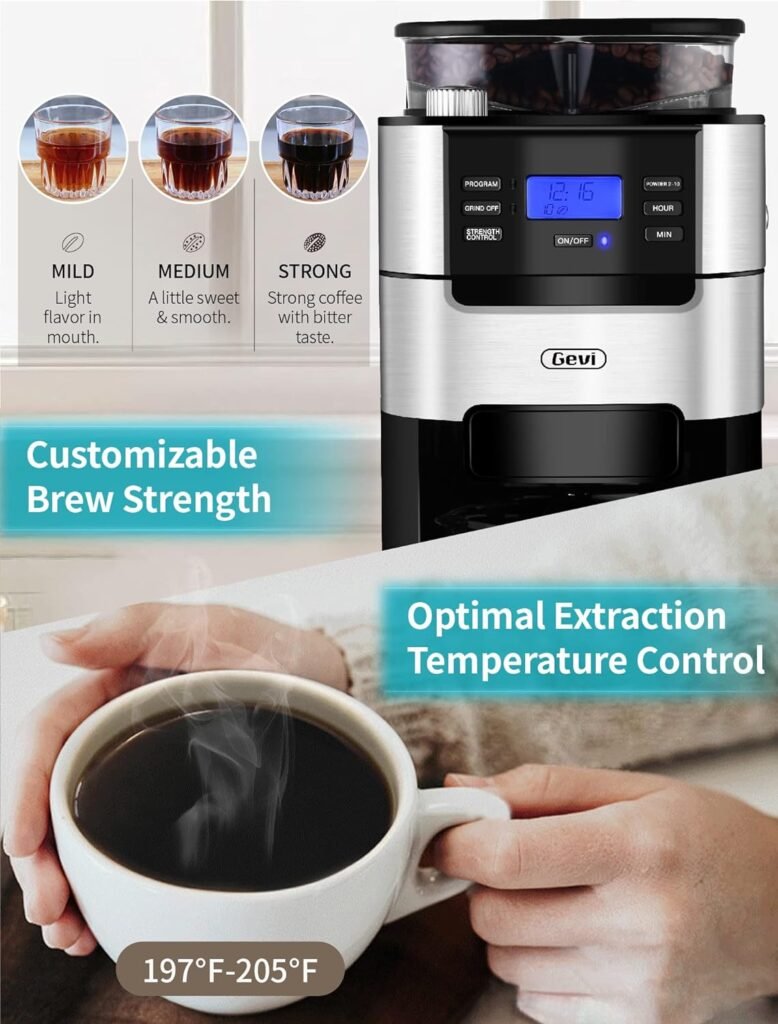 10-Cup Drip Coffee Maker, Grind and Brew Automatic Coffee Machine with Built-In Burr Coffee Grinder, Programmable Timer Mode and Keep Warm Plate, 1.5L Large Capacity Water Tank,900W, Black (Aluminum