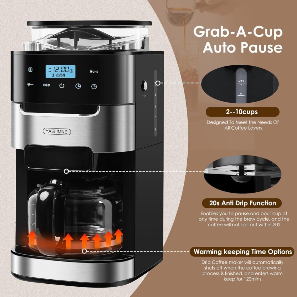 10-Cup Drip Coffee Maker with Touch Screen,Built-In Burr Coffee Grinder, Automatic Grind and Brew,Warming Plate for Home and Office,1.5L Large Capacity Water Tank, Removable Filter Basket, 900W