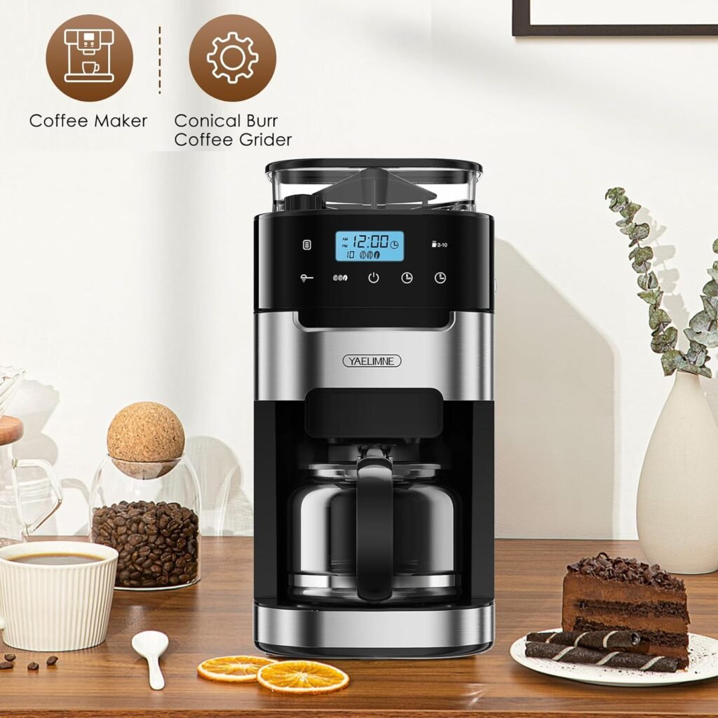 10-Cup Drip Coffee Maker with Touch Screen,Built-In Burr Coffee Grinder, Automatic Grind and Brew,Warming Plate for Home and Office,1.5L Large Capacity Water Tank, Removable Filter Basket, 900W