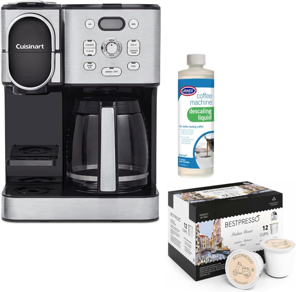 Cuisinart SS-16 Stainless Steel Made 1000ml Capacity Coffee Center Combo Coffee Maker Bundle with Italian Roast K-Cups and Descaling Liquid (3 Items)