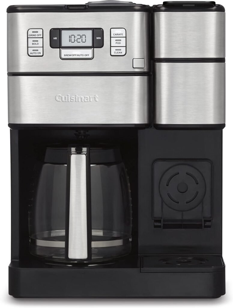 Cuisinart SS-GB1 Coffee Center Grind and Brew Plus, Built-in Coffee Grinder, Coffeemaker and Single-Serve Brewer with 6oz, 8oz and 10oz Serving Size, Black/Silver, 12-Cup Glass