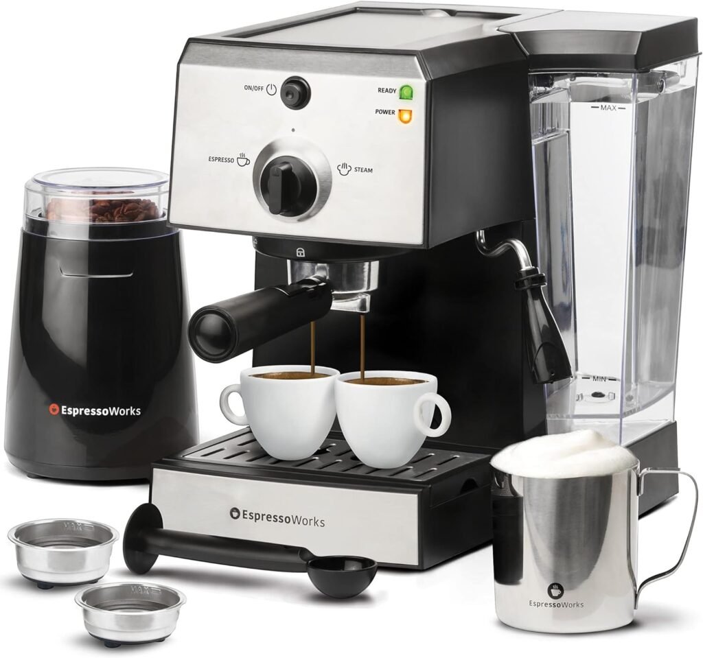 Espresso Machine  Cappuccino Maker with Milk Steamer- 7 pc All-In-One Barista Bundle Set w/Built-In Milk Frother (Inc: Coffee Bean Grinder, Milk Frothing Cup, Spoon/Tamper  2 Cups), Silver