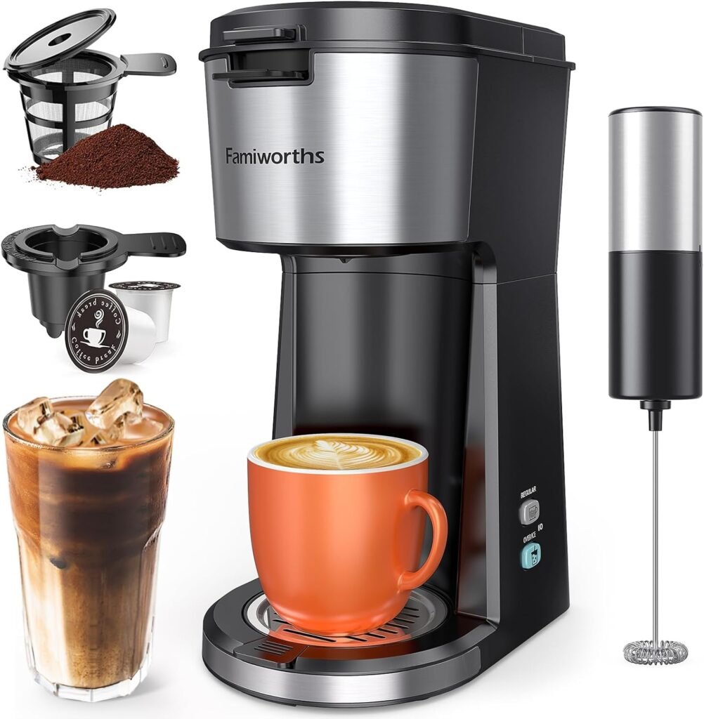 Famiworths Iced Coffee Maker with Milk Frother, Hot and Cold Single Serve Coffee Maker for K Cup Pod and Ground, Compact Coffee Machine 2 in 1 with Self Cleaning, for Home, Apartment and Office