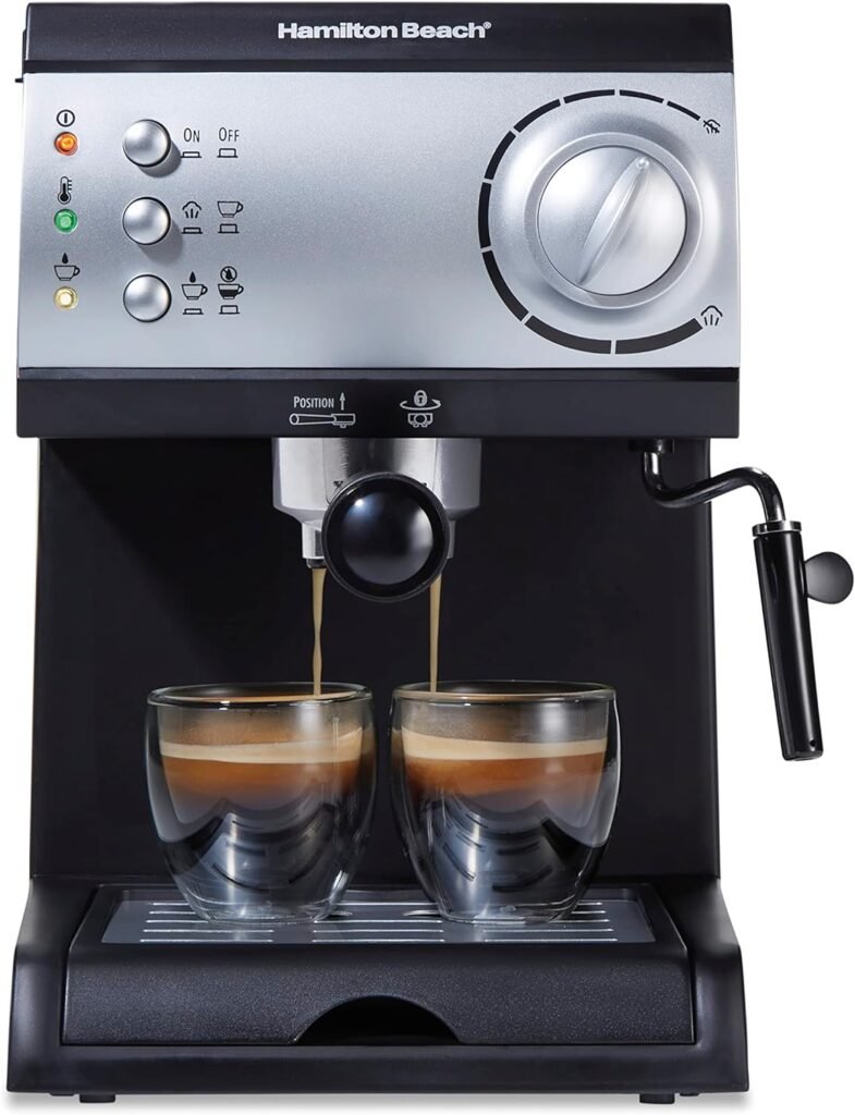 Hamilton Beach 15 Bar Espresso Machine, Cappuccino, Mocha,  Latte Maker, with Milk Frother, Make 2 Cups Simultaneously, Works with Pods or Ground Coffee, 50 oz. Water Reservoir, Black