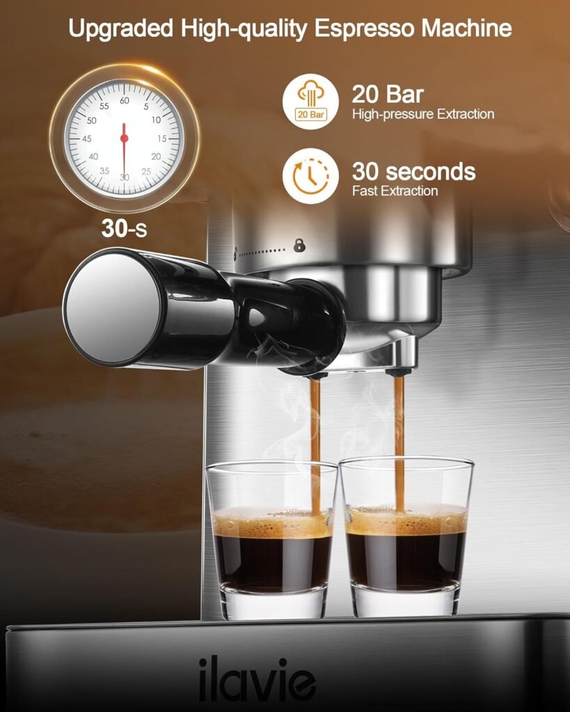 ILAVIE 20 Bar Espresso Machine, Stainless Steel Espresso Coffee Machine for Cappuccino, Latte, Espresso Maker for Home, Automatic Espresso Machine with Milk Steamer, 1.8L Water Tank, 1350W