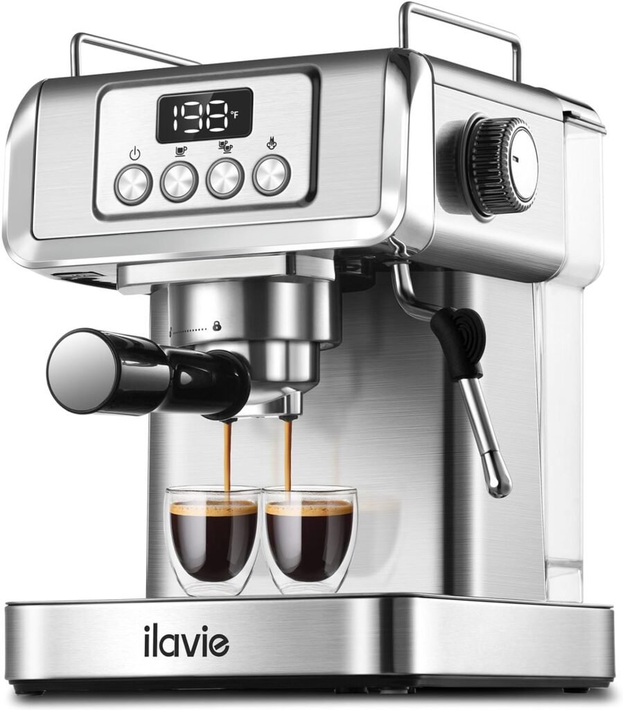 ILAVIE 20 Bar Espresso Machine, Stainless Steel Espresso Coffee Machine for Cappuccino, Latte, Espresso Maker for Home, Automatic Espresso Machine with Milk Steamer, 1.8L Water Tank, 1350W