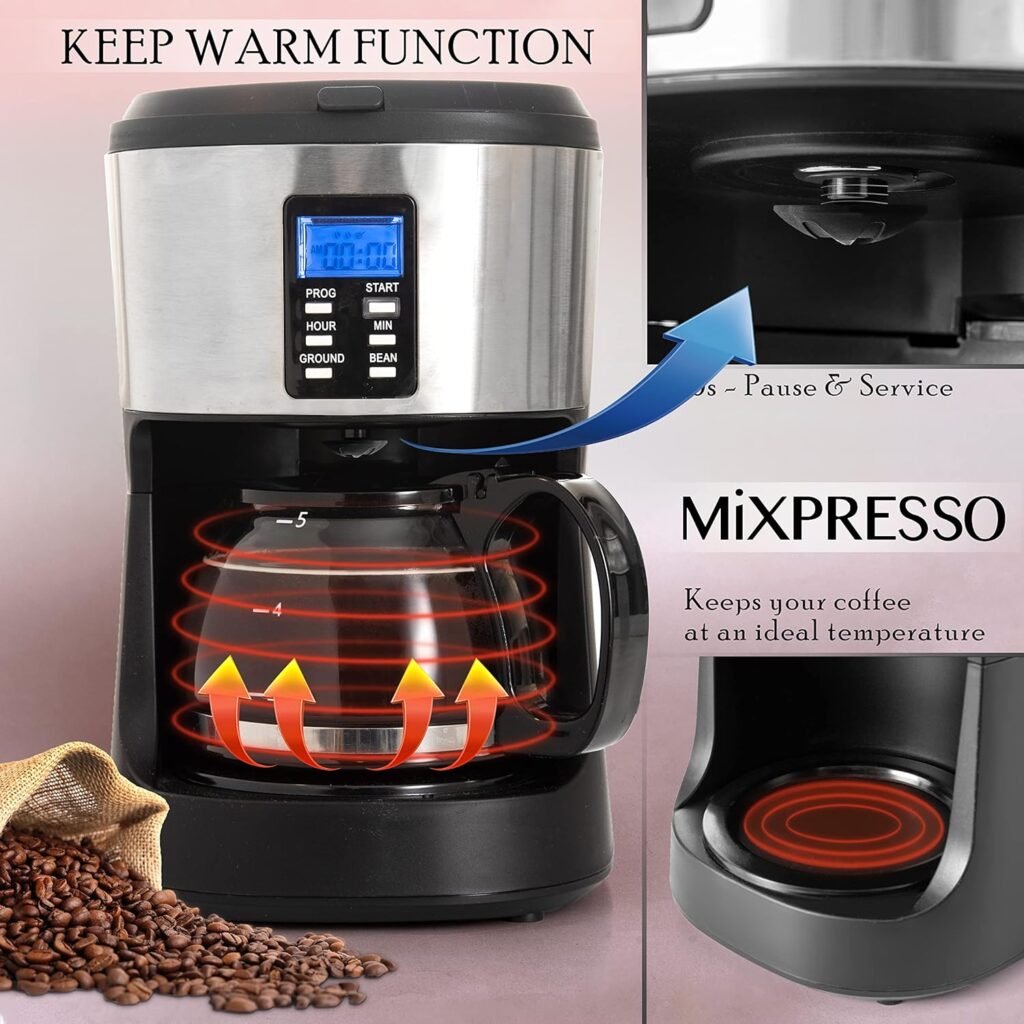 Mixpresso 5-Cup Drip Coffee Maker, Automatic Brew Coffee Pot Machine with Built-In Burr Coffee Grinder, Programmable Smart Coffee Maker with Timer With Glass Carafe Coffee Pot