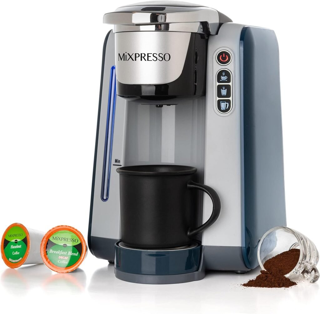 Mixpresso Single Serve Coffee Brewer K-Cup Pods Compatible Ground coffee, Single Serve K-Cup Coffee Maker With 4 Brew Sizes 45oz, Quick Brewing with Auto Shut-Off, Rapid Brew Technology