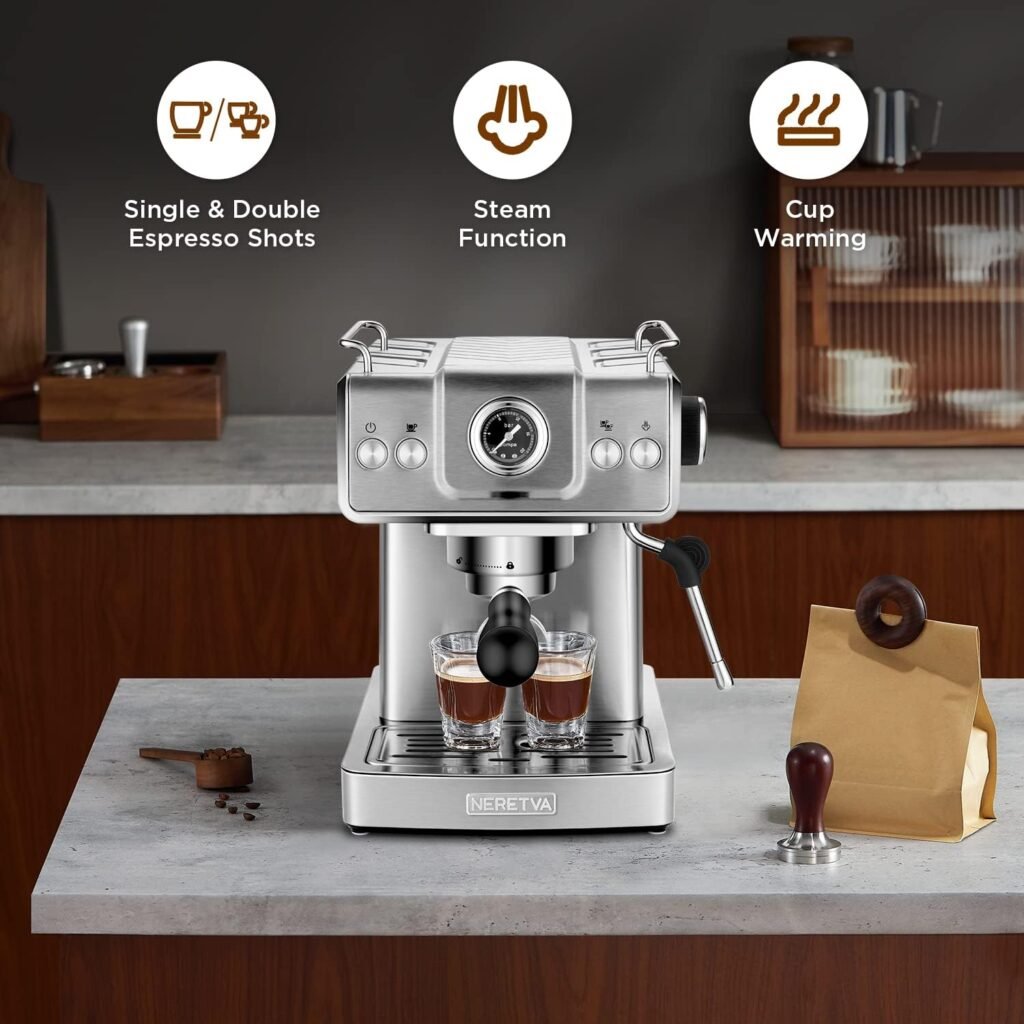 Neretva 20 Bar Espresso Machine, Expresso Coffee Machine With Milk Foaming Steam Wand, Espresso Latter and Cappuccino Maker, 1.8L Water Tank, For Home Barista (Silver)