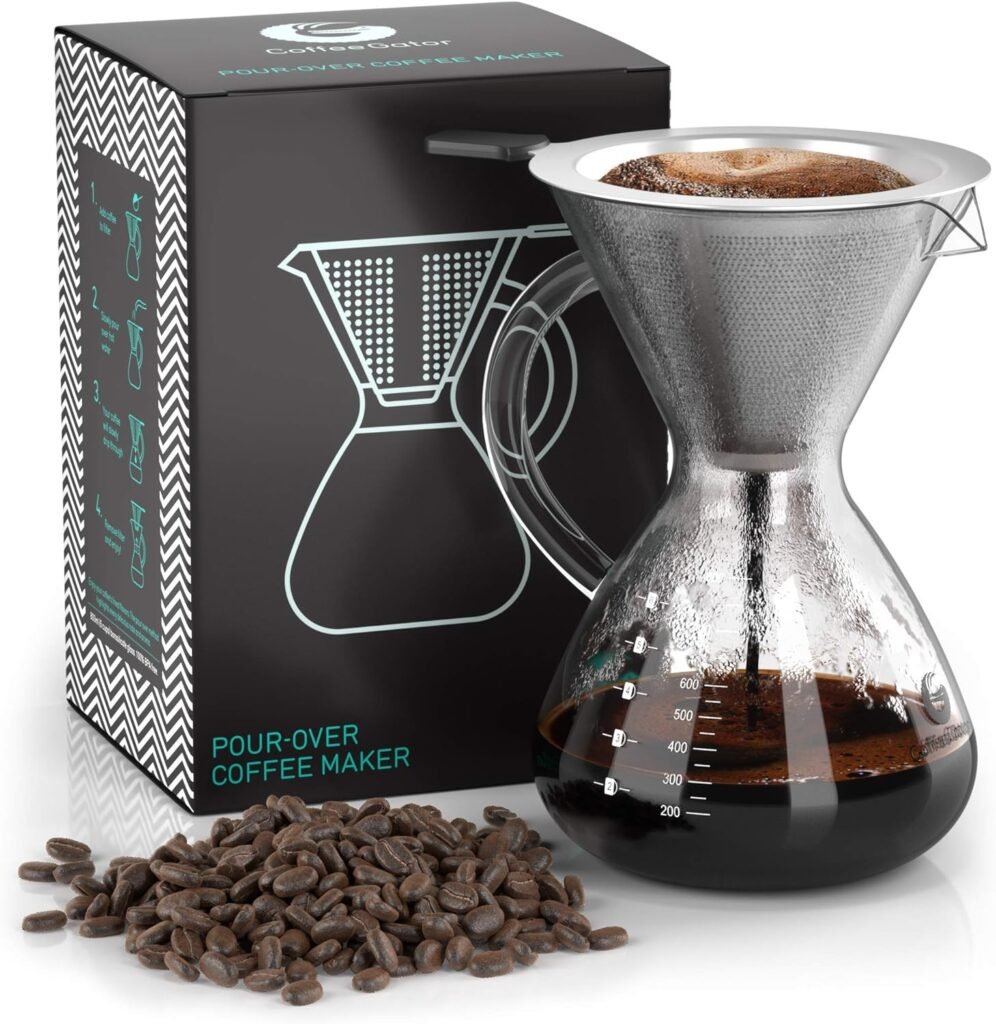 Pour Over Coffee Maker - 14 oz Paperless, Portable, Drip Coffee Brewer Pour Over Set w/Glass Carafe  Stainless-Steel Mesh Filter, 400ml Clear