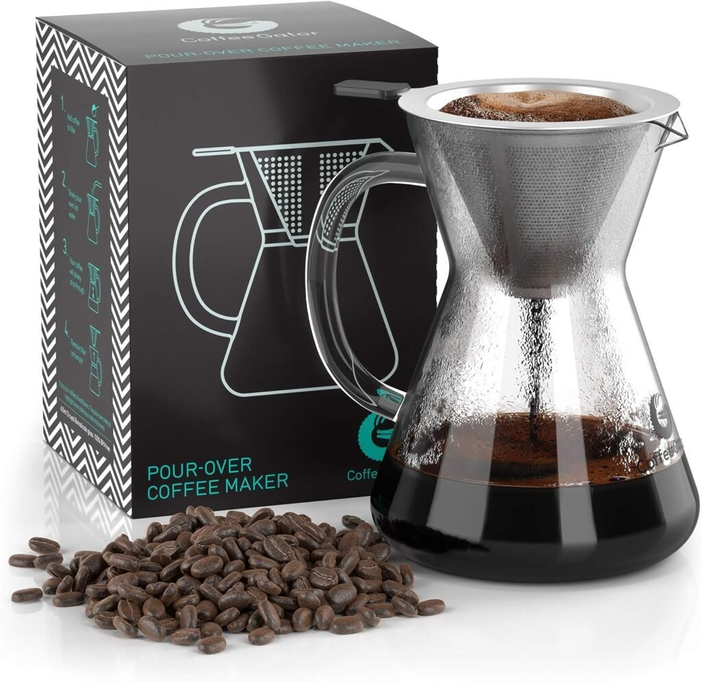 Pour Over Coffee Maker - 14 oz Paperless, Portable, Drip Coffee Brewer Pour Over Set w/Glass Carafe  Stainless-Steel Mesh Filter, 400ml Clear