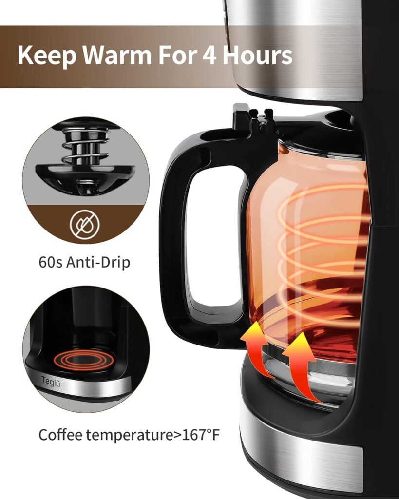 Teglu Coffee Maker with Grinder Built in 12 Cup, Programmable Grind and Brew Coffee Machine All in One with Warming Plate, Automatic Drip Coffee Pot with 60-oz Carafe BPA Free, 950W, Black-2023