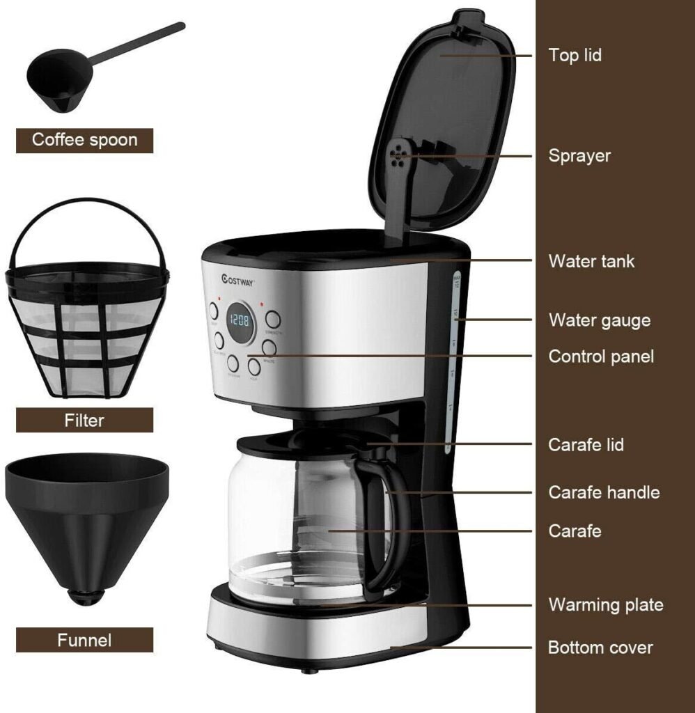 ARLIME 12-Cup Programmable Coffee Maker, 900W Drip Coffee Maker Pot W/LED Display, Brew Strength Control, Anti-Drip System, Warming Plate  Glass Carafe, Keep Warm 2-Hour Brew Coffee Machine, Black