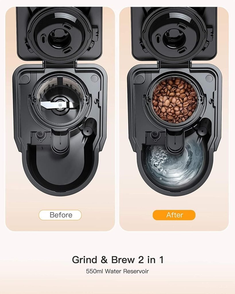 boly Single Serve Coffee Maker Machine, Grind and Brew 2 in 1 Coffee Maker with 16oz Stainless Steel Travel Mug, Adjustable Tray, Dual Brewing Options Single Cup Coffee Brewer for Ground Coffee