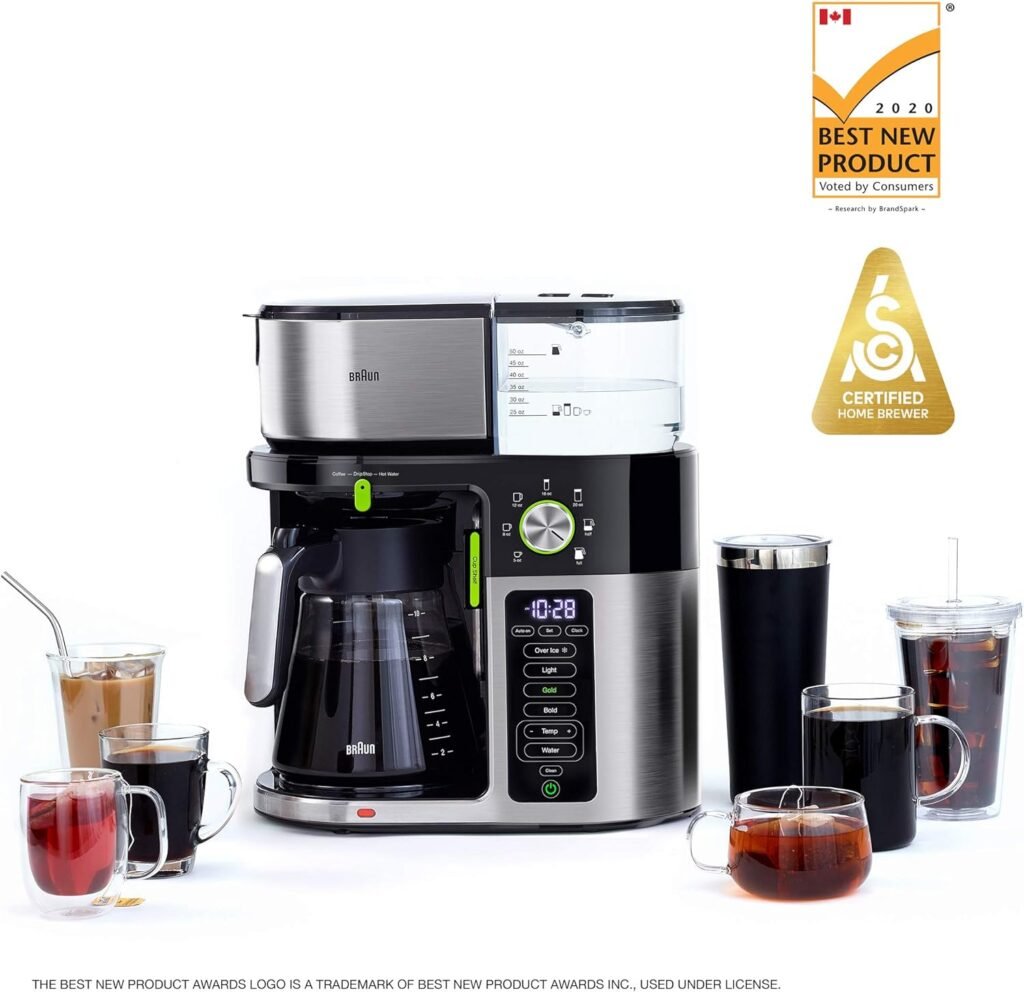 Braun MultiServe Coffee Machine 7 Programmable Brew Sizes / 3 Strengths + Iced Coffee  Hot Water for Tea, Glass Carafe (10-Cup), Stainless/Black, KF9150BK
