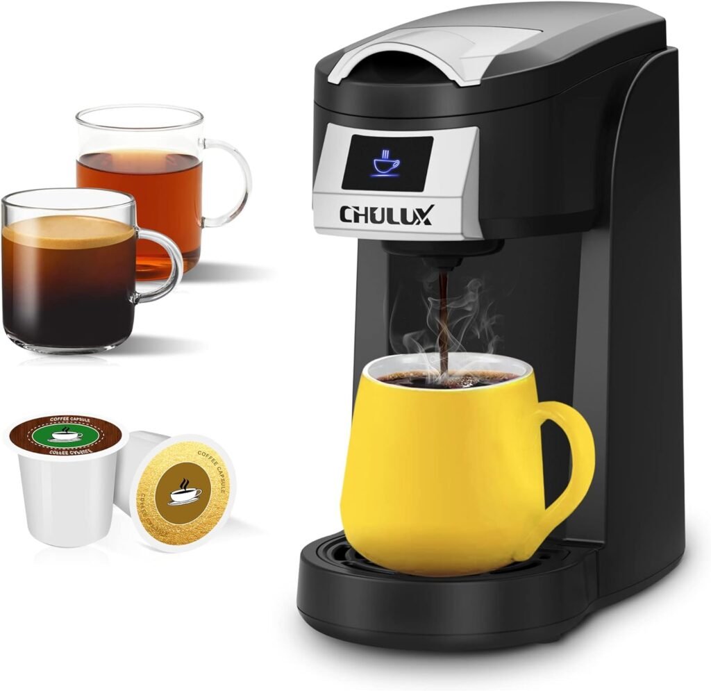 CHULUX Single Serve Coffee Maker, One Cup Coffee Brewer for K Cup  Ground Coffee, 5 to 12oz Brew Sizes in Mins, Auto Off Function, Portable Coffee Machine for Home, Office, Travel, Kitchen