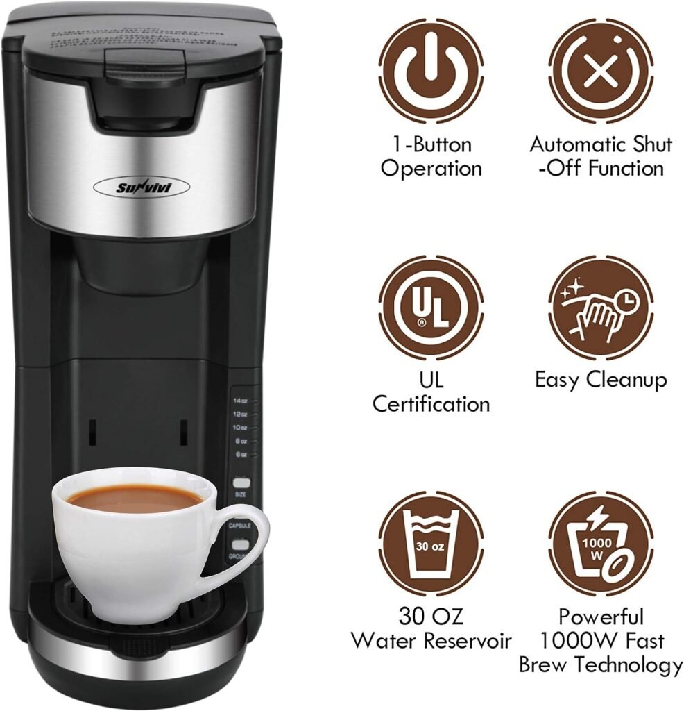 Coffee Maker for K Cup, Single Serve Coffee Maker for Capsule Pod Ground Coffee, One Cup Coffee Brew Machien with Adjustable Drip Tray, 1000W 30oz Removable Reservoir One-Touch Button