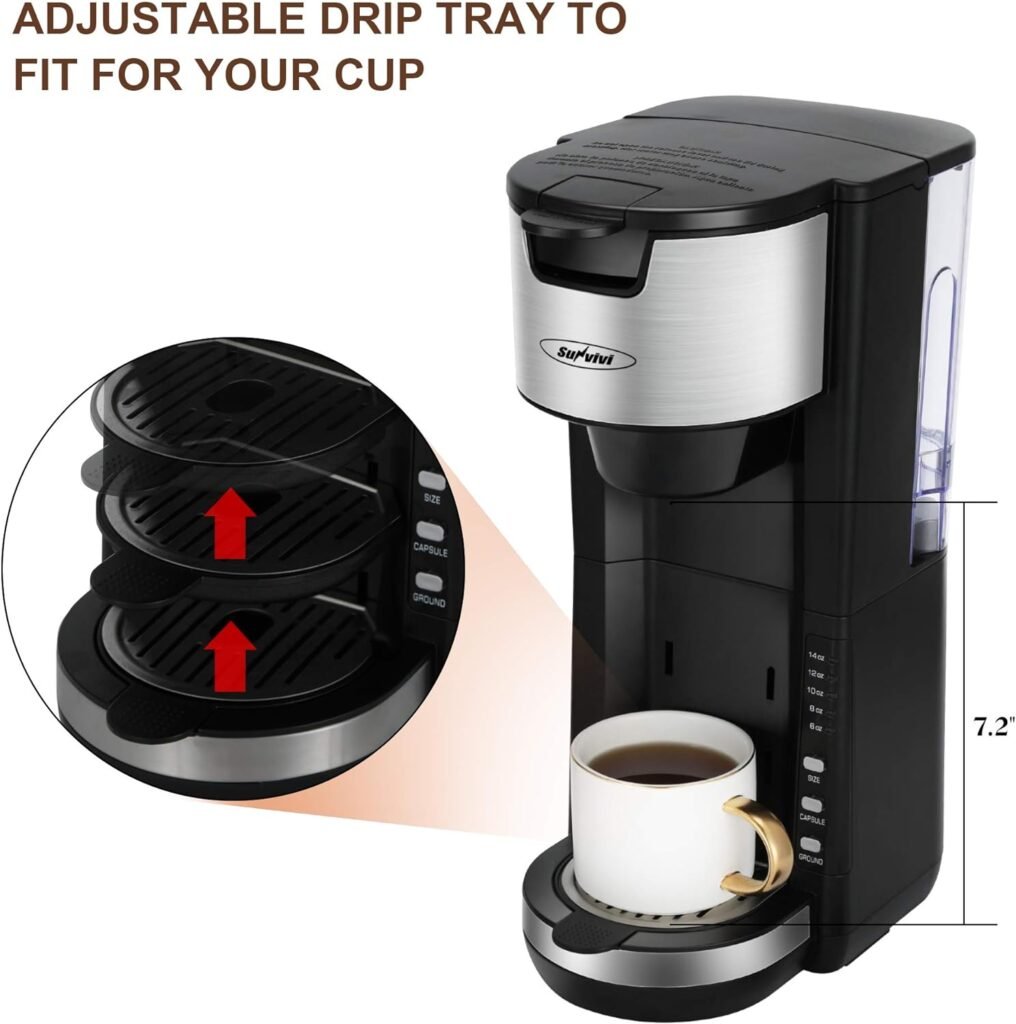 Coffee Maker for K Cup, Single Serve Coffee Maker for Capsule Pod Ground Coffee, One Cup Coffee Brew Machien with Adjustable Drip Tray, 1000W 30oz Removable Reservoir One-Touch Button