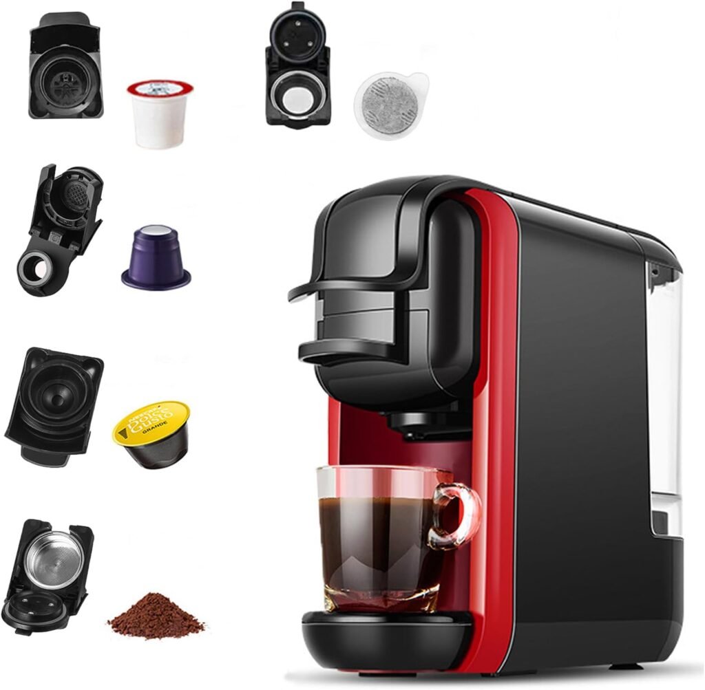 Coffee Maker for K-Cups and Ground Coffee, Single-cup Coffee Maker with Five types of brewing cups Built-in 600ml Water Reservoir, removable drip tray Automatic standby after 15 min of inactivity