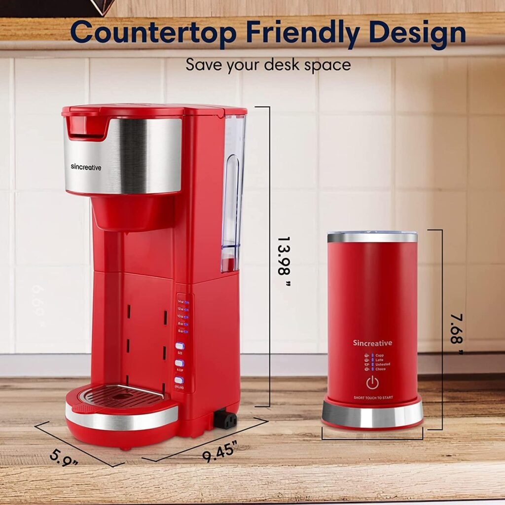 Coffee Maker with Milk Frother, 2 in 1 Single Serve Coffee Machine Brewer for K-Cup Pod and Ground Coffee, Cappuccino Latte coffee maker Portable Coffee Machine With 30 oz Detachable Reservoir, Red