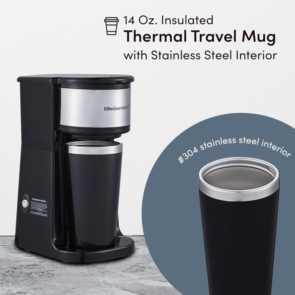 Elite Gourmet EHC114 Personal Single-Serve Compact Coffee Maker Brewer Includes 14Oz. Thermal Travel Mug with Stainless Steel Interior, Compatible with Coffee Grounds, Reusable Filter, Black