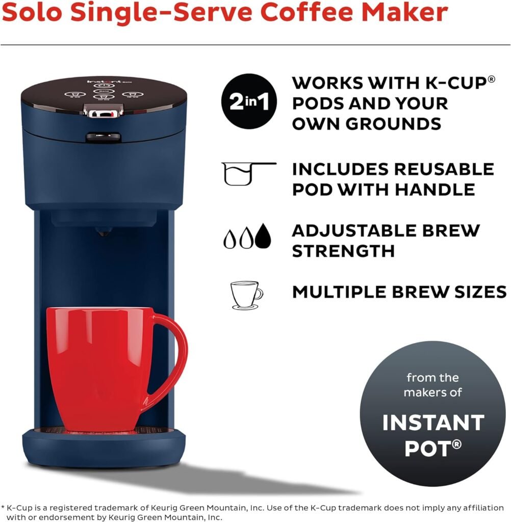 Instant Solo Single Serve Coffee Maker, From the Makers of Pot, K-Cup Pod Compatible Brewer, Includes Reusable  Bold Setting, Brew 8 to 12oz., 40oz. Water Reservoir, Red