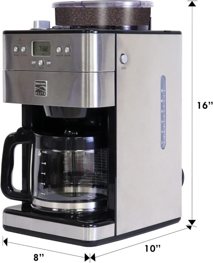 Kenmore Elite Grind and Brew Coffee Maker w/ Burr Grinder, 12 Cup Programmable Automatic Timer Brew Coffee Machine, Air-Tight Bean Hopper, Grind Size and Brew Strength Selectors, Stainless Steel