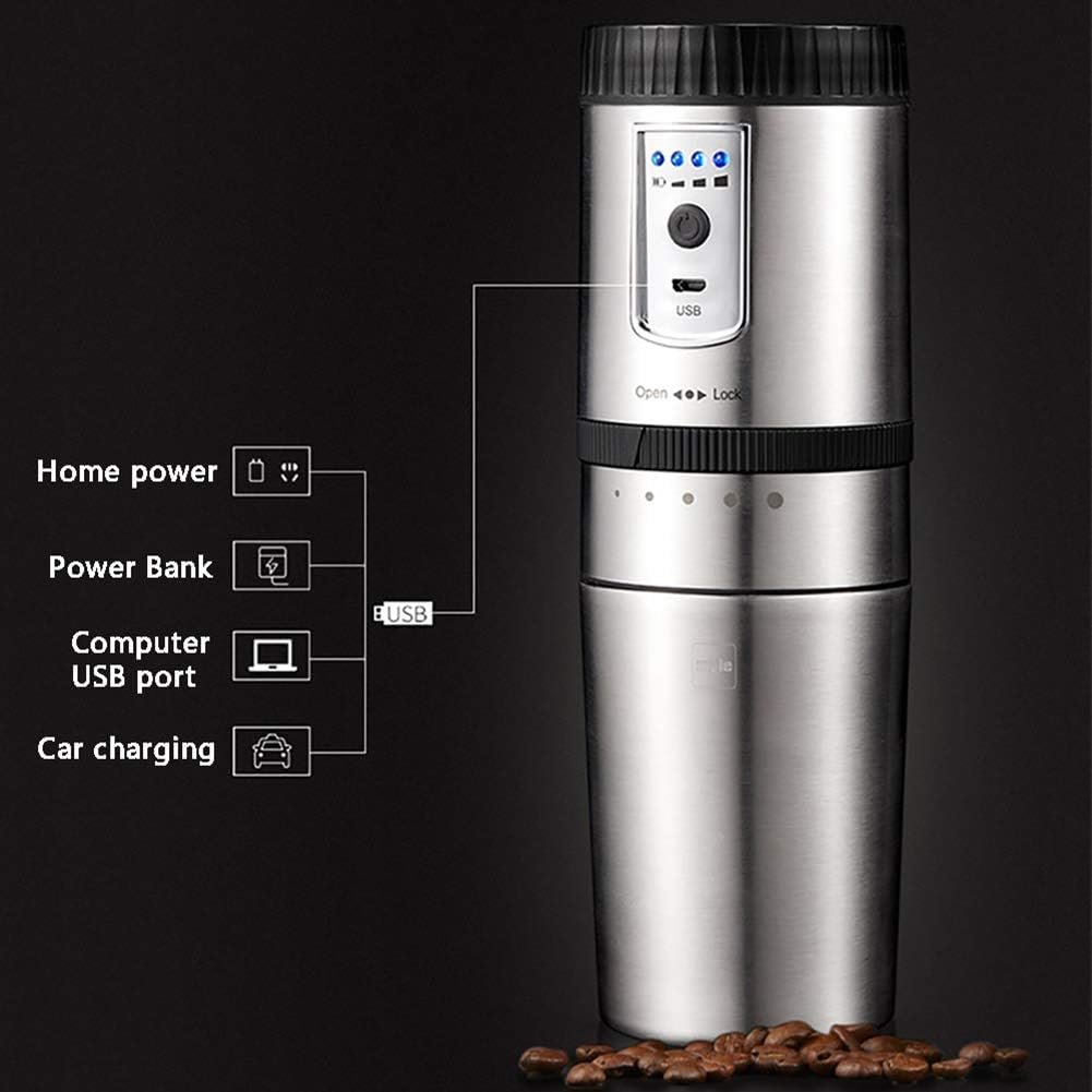 Portable Coffee Maker Machine, 2-in-1 Electric Coffees Grinder Filter Coffee Maker, USB Recharge Stainless Steel Built-in Filter Coffee Brewer for Car Travel Outdoors