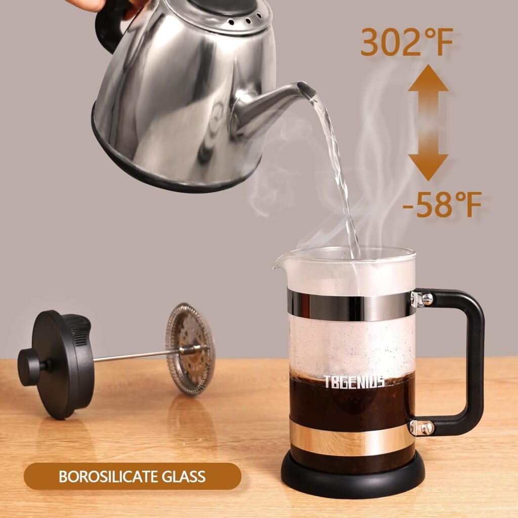 TBGENIUS French Press Coffee Maker 21 oz, Cold Brew Heat Resistant Thickened Borosilicate Coffee Pot, Coffee Presses 600 ml, Tea and Frothed Milk Press (Black，21Ounce)