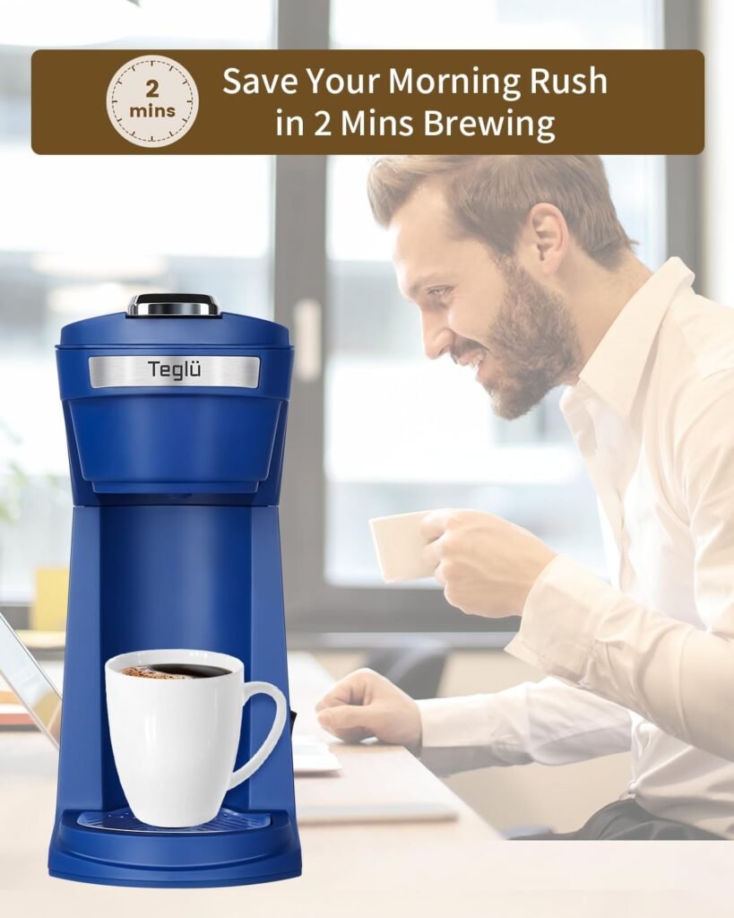 Teglu Single Serve Coffee Maker for K Cup Pod  Ground Coffee 2 in 1, K Cup Coffee Machine 14 oz Brew Size, Mini Single Cup Coffee Pod Fast Brew, Reusable Filter, CM208, Blue